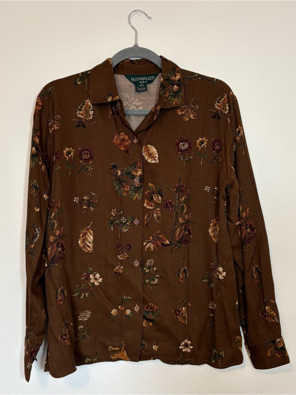 Vintage Bushwacker USA Brown Floral/Leaves Long-Sleeve Button-Down Shirt